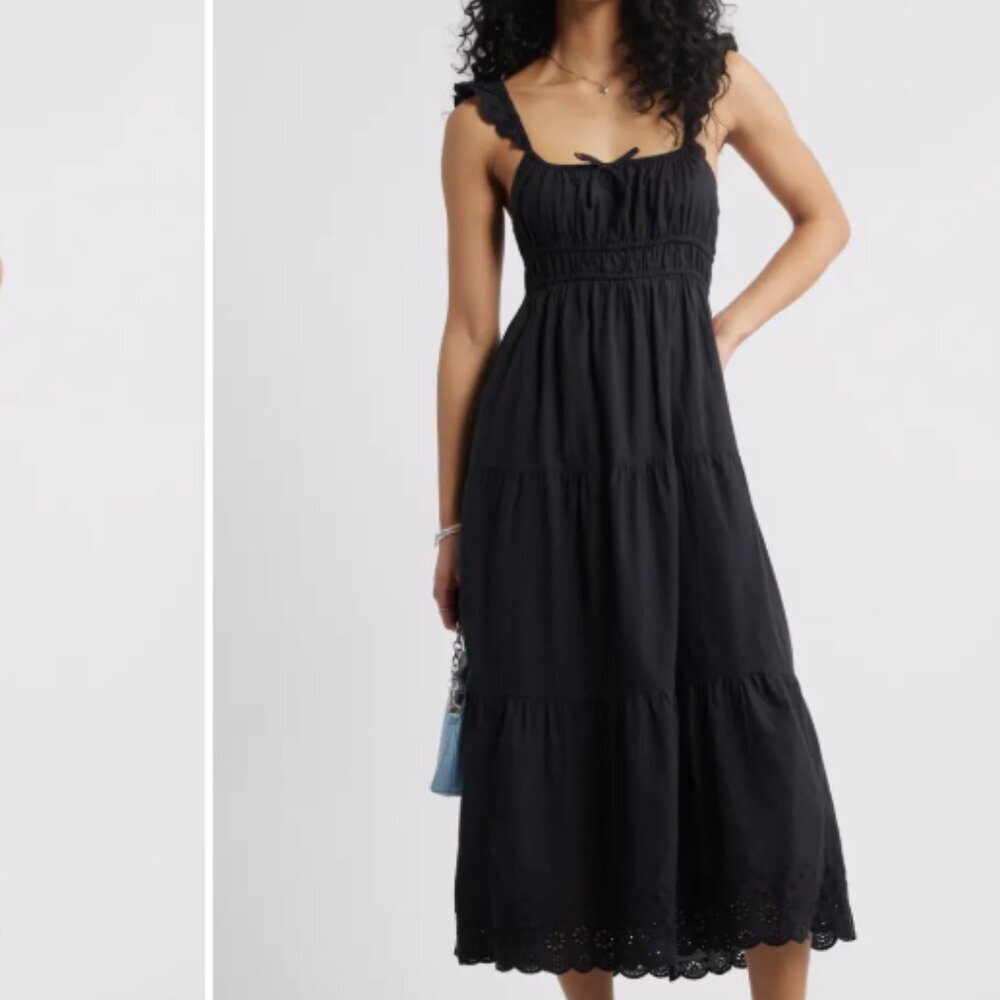 NEW BP Smocked Cotton Sundress Eyelet Strap Tiered Midi Black M - Picture 7 of 14